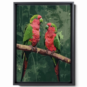 Two Colorful Birds Are Perched On Top Of A Stem And Flowering Plants, In The Style Red And Emerald, Light Emerald And Red, Delicate Markings, Nature Wall Art, Canvas