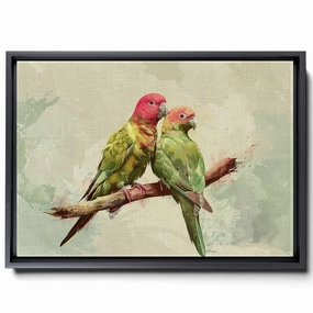 Two Colorful Birds Are Perched On Top Of A Stem And Flowering Plants, In The Style Red And Emerald, Light Emerald And Red, Delicate Markings, Nature Wall Art, Canvas Prints
