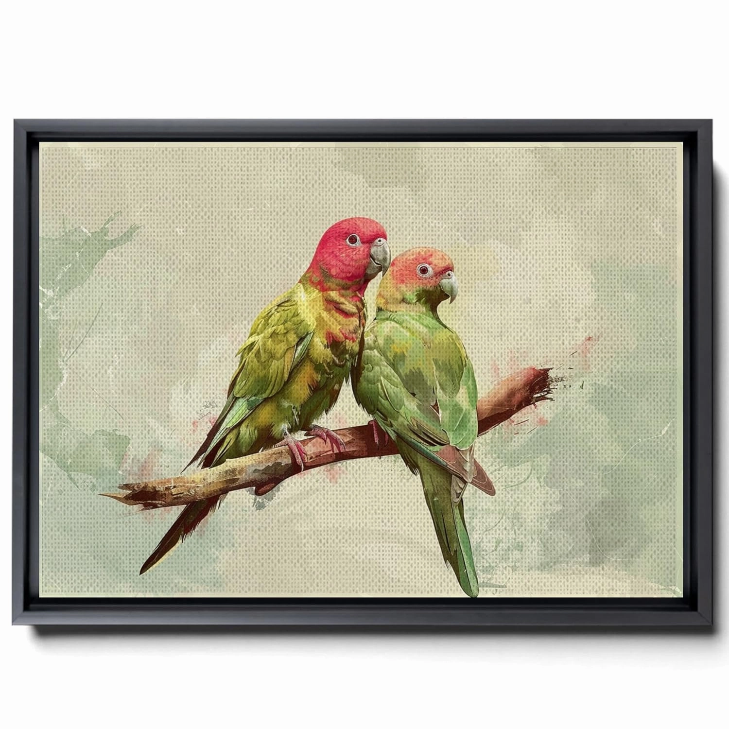 Two Colorful Birds Are Perched On Top Of A Stem And Flowering Plants, In The Style Red And Emerald, Light Emerald And Red, Delicate Markings, Nature Wall Art, Canvas Prints