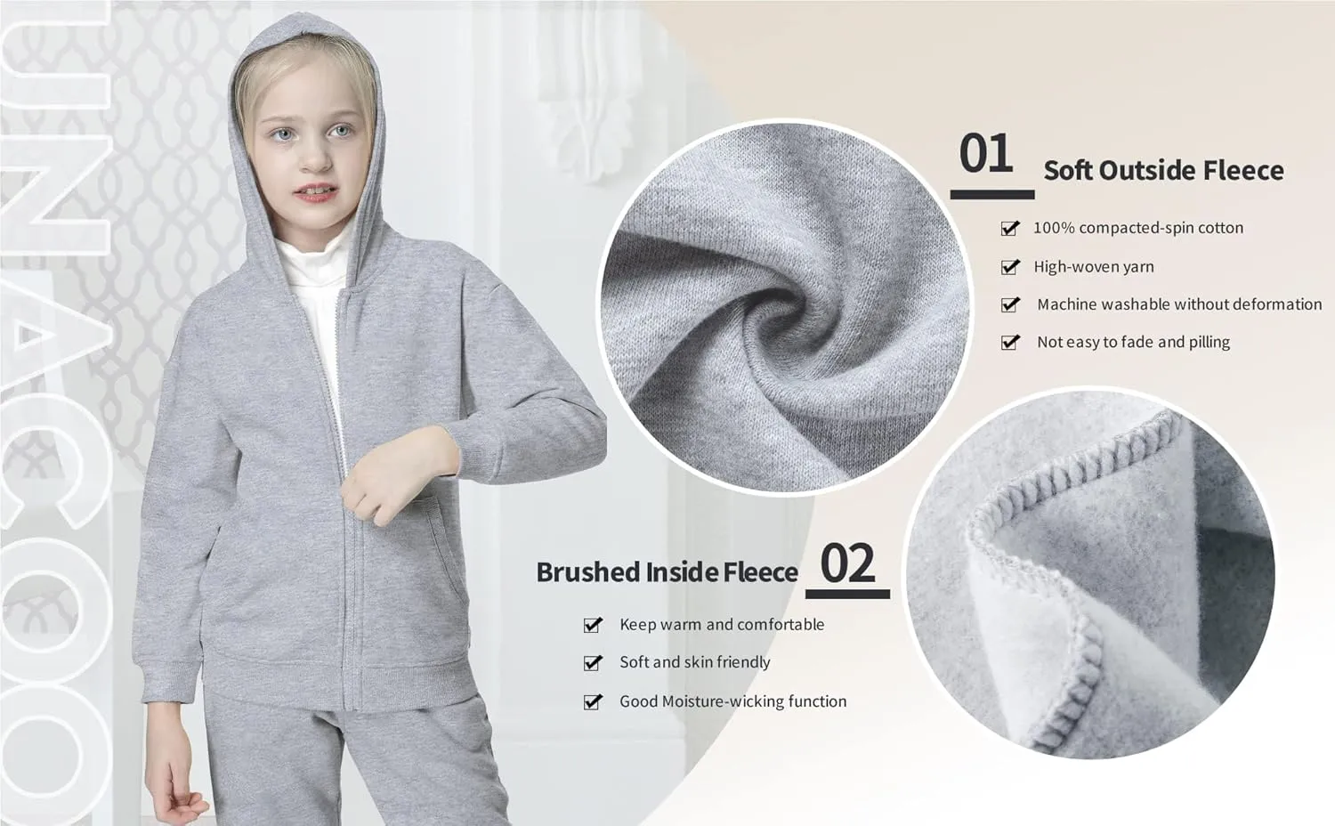 UNACOO Girls Boys Zip Up Hoodie Soft Fleece Sweatshirt Kids Hoodies for Toddler Zipper hoodie Jacket (Age 3-12 Years)