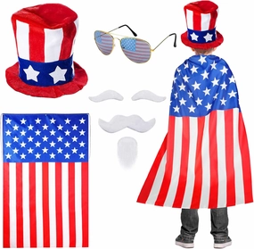 Uncle Sam Hat with American Flag Cape, American Costume Set With 80's USA Sunglasses and Beard for 4th of July Independence Day Celebration