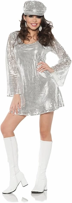 UNDERWRAPS 70's Retro Disco Outfits - Seventies Themed Halloween Costumes for Adult Women, Groovy Hippie Disco Dance Party Clothing, (Sequin Mini-Dress, Medium)