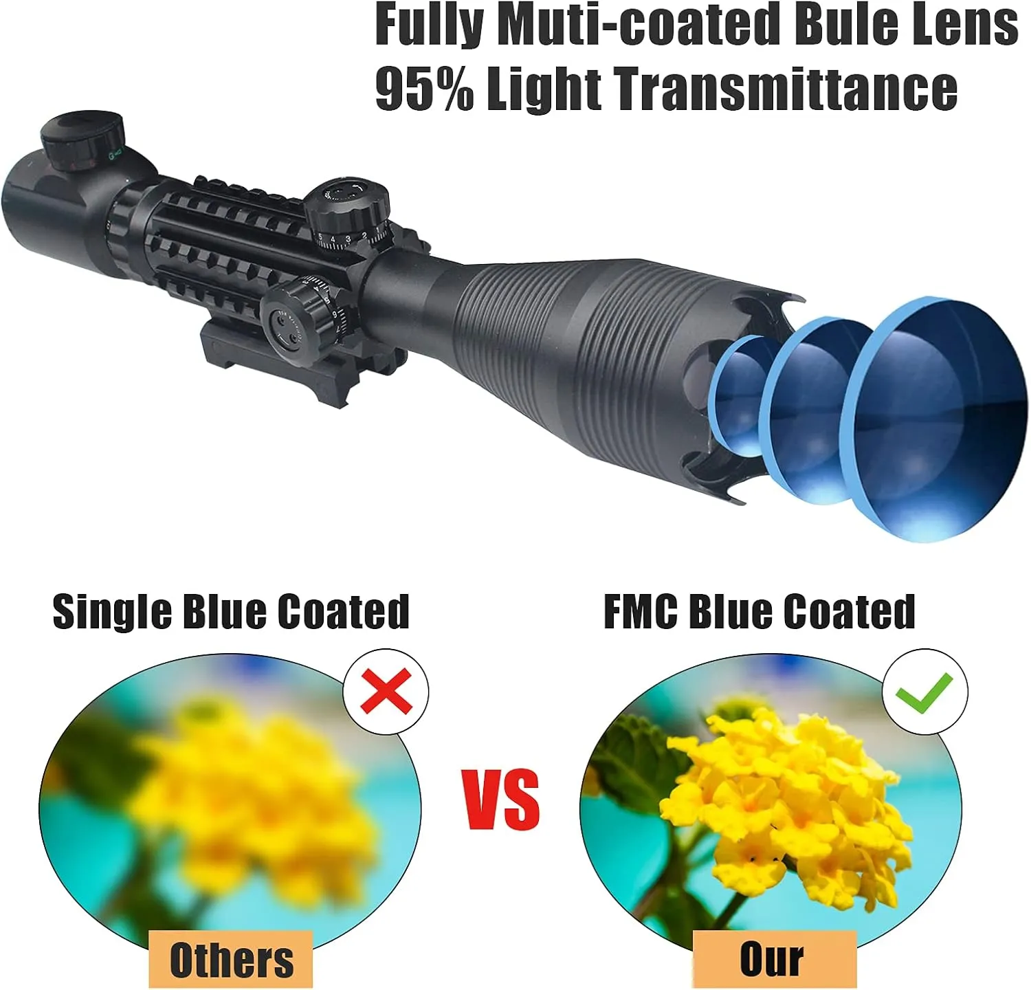 UUQ 4-16x50 Tactical Rifle Scope Red/Green Illuminated Range Finder Reticle W/Laser Sight and Holographic Reflex Dot Sight