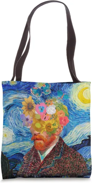 Van Gogh Inspired Floral Portrait on Starry Night Sky Tote Bag