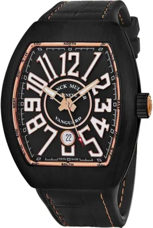 Vanguard Mens Black Titanium Automatic Watch - Tonneau Black Face with Luminous Hands, Date and Sapphire Crystal - Black Rubber Band Swiss Made Watch for Men V 41 SC DT TT BR 5N