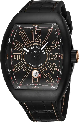 Vanguard Mens Black Titanium Automatic Watch - Tonneau Black Face with Luminous Hands, Date and Sapphire Crystal - Swiss Made with Arabic Numerals V 45 SC DT TT NR BR 5N