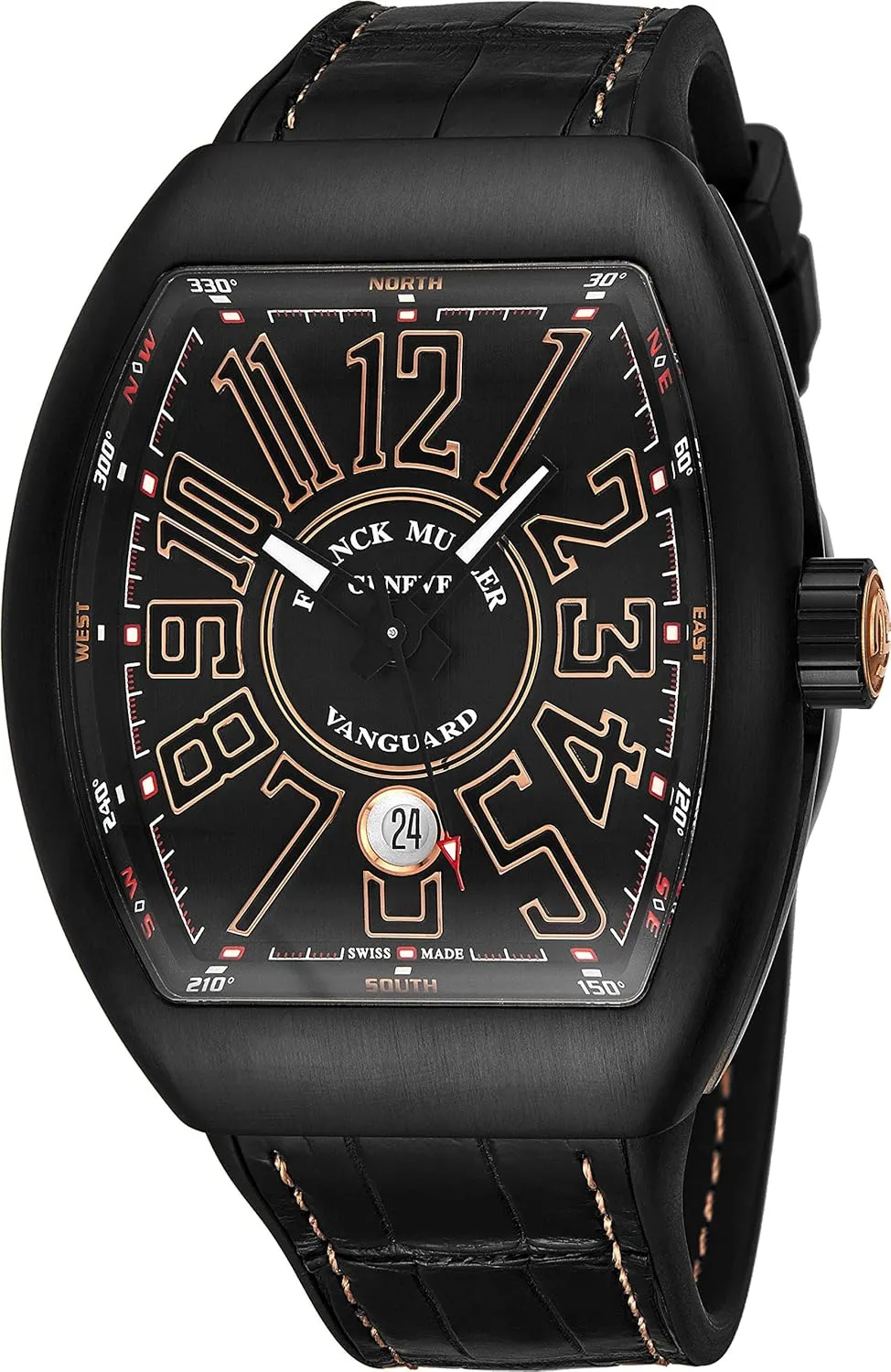 Vanguard Mens Black Titanium Automatic Watch - Tonneau Black Face with Luminous Hands, Date and Sapphire Crystal - Swiss Made with Arabic Numerals V 45 SC DT TT NR BR 5N