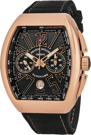 Vanguard Mens Rose Gold Automatic Chronograph Watch - Tonneau Black Face with Luminous Hands, Date and Sapphire Crystal - Swiss Made with Tachymeter Scale V 45 CC DT 5N NR
