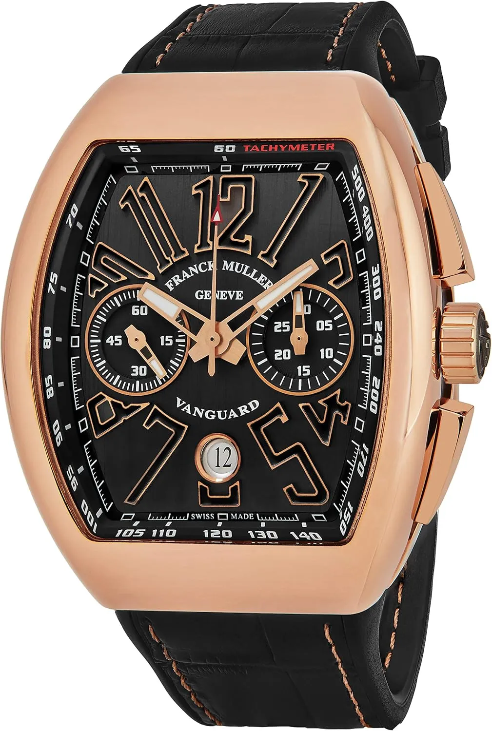 Vanguard Mens Rose Gold Automatic Chronograph Watch - Tonneau Black Face with Luminous Hands, Date and Sapphire Crystal - Swiss Made with Tachymeter Scale V 45 CC DT 5N NR