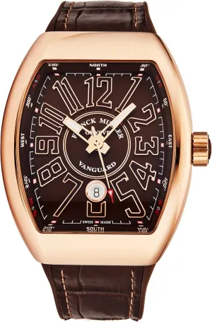 Vanguard Mens Stainless Steel 18K Rose Gold Swiss Automatic Watch - Tonneau Brown Face with Luminous Hands, Date and Sapphire Crystal - Brown Leather/Rubber Strap V 45 SC GLD BRN GLD BR