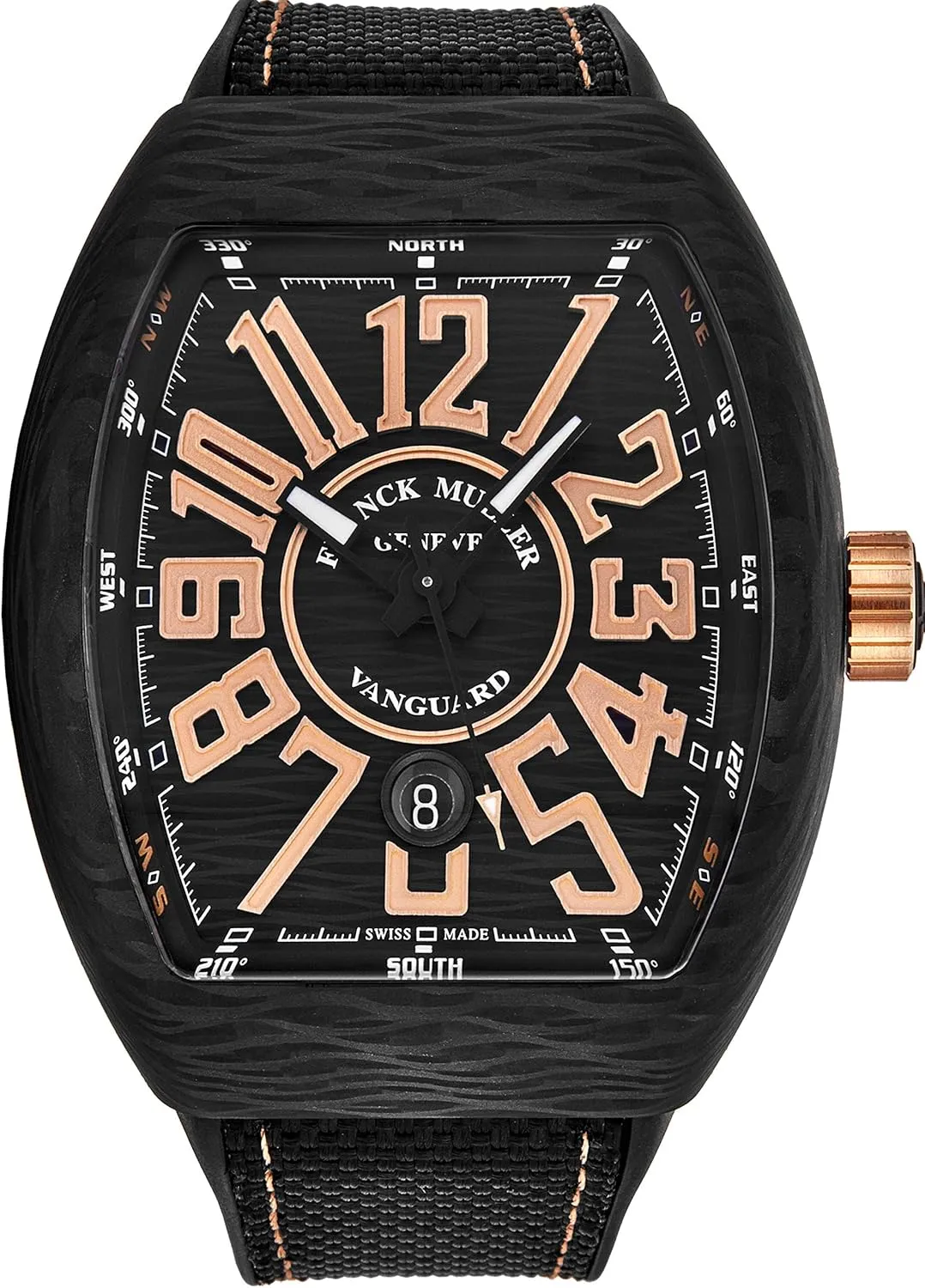Vanguard Mens Titanium Swiss Automatic Watch - Tonneau Black Face with Luminous Hands, Date and Sapphire Crystal - Black Leather/Rubber Strap Swiss Made Watch for Men 45SCBLKBLKGLDFL