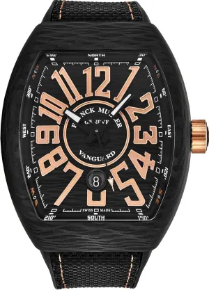 Vanguard Mens Titanium Swiss Automatic Watch - Tonneau Black Face with Luminous Hands, Date and Sapphire Crystal - Black Leather/Rubber Strap Swiss Made Watch for Men 45SCBLKBLKGLDFL