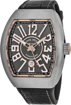 Vanguard Mens Titanium Swiss Made Automatic Watch - Tonneau Grey Dial with Luminous Hands, Date and Sapphire Crystal - Black Leather/Rubber Strap V 45 SC DT TT BR 5N