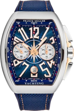 Vanguard Yachting Mens Rose Gold Automatic Chronograph Watch - Tonneau Analog Blue Face with Luminous Hands and Sapphire Crystal - Blue Rubber Band Swiss Made Automatic Watch for Men