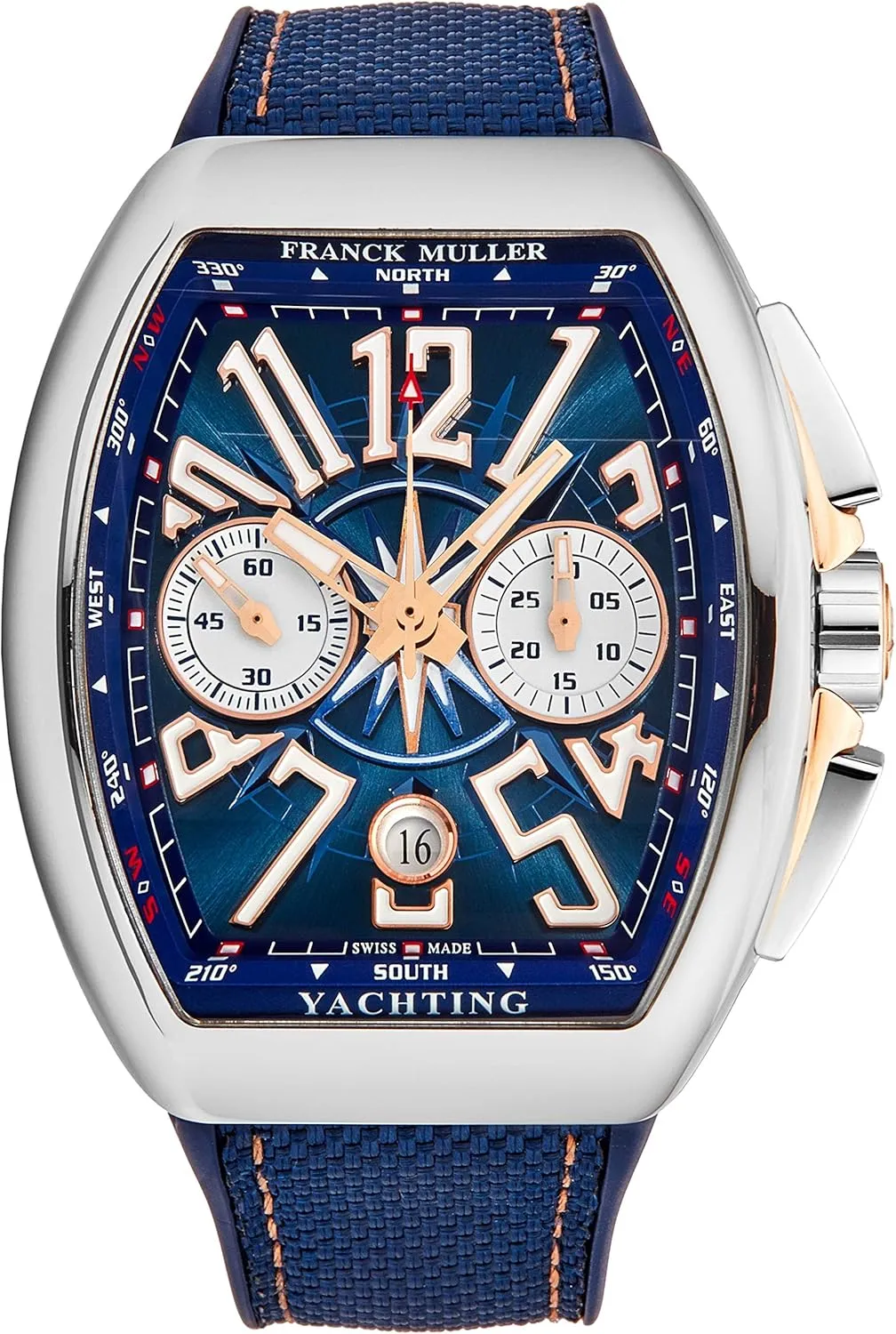 Vanguard Yachting Mens Rose Gold Automatic Chronograph Watch - Tonneau Analog Blue Face with Luminous Hands and Sapphire Crystal - Blue Rubber Band Swiss Made Automatic Watch for Men