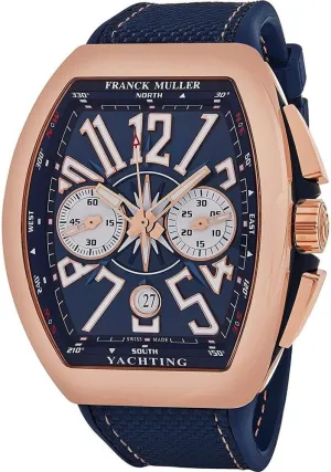 Vanguard Yachting Mens Rose Gold Automatic Chronograph Watch - Tonneau Analog Blue Face with Luminous Hands and Sapphire Crystal - Blue Rubber Band Swiss Made Automatic Watch for Men