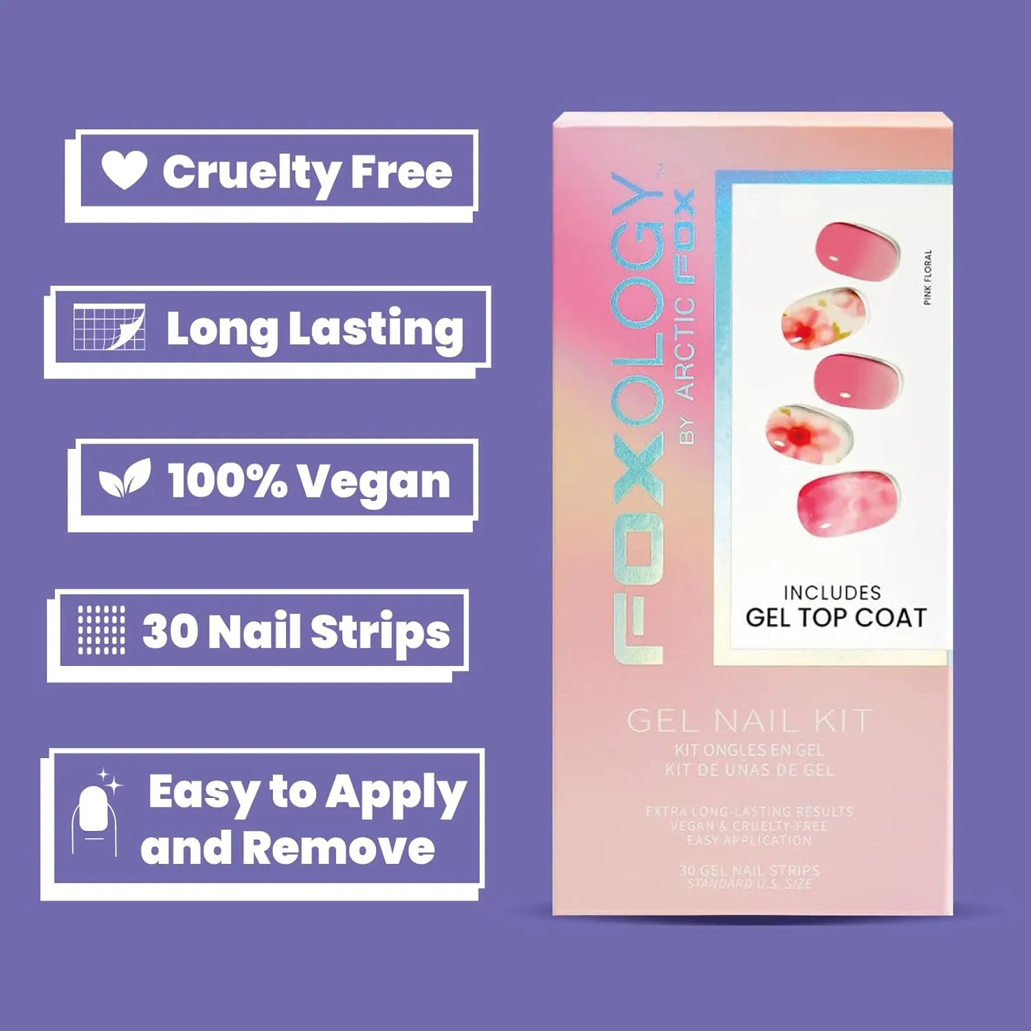 Vegan And Cruelty Free Semi Cured Gel Nail Strip Kit Includes 30 Nail Strips, Alcohol Free Nourishing Prep Pad, A Gel Top Coat, A Wooden Cuticle Stick, Nail File - PINK FLORAL
