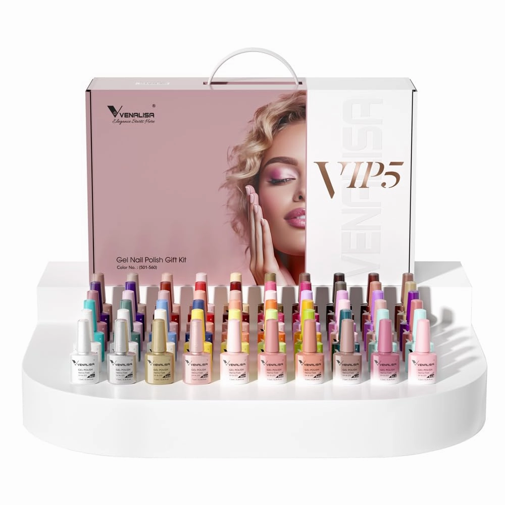 VENALISA VIP5 65PCS Gel Nail Polish Set, 60 Colors Glitter Jelly White Nude Pink Red Green Brown Gel Polish Kit with Base Top Coat Nails Manicure Salon at Home
