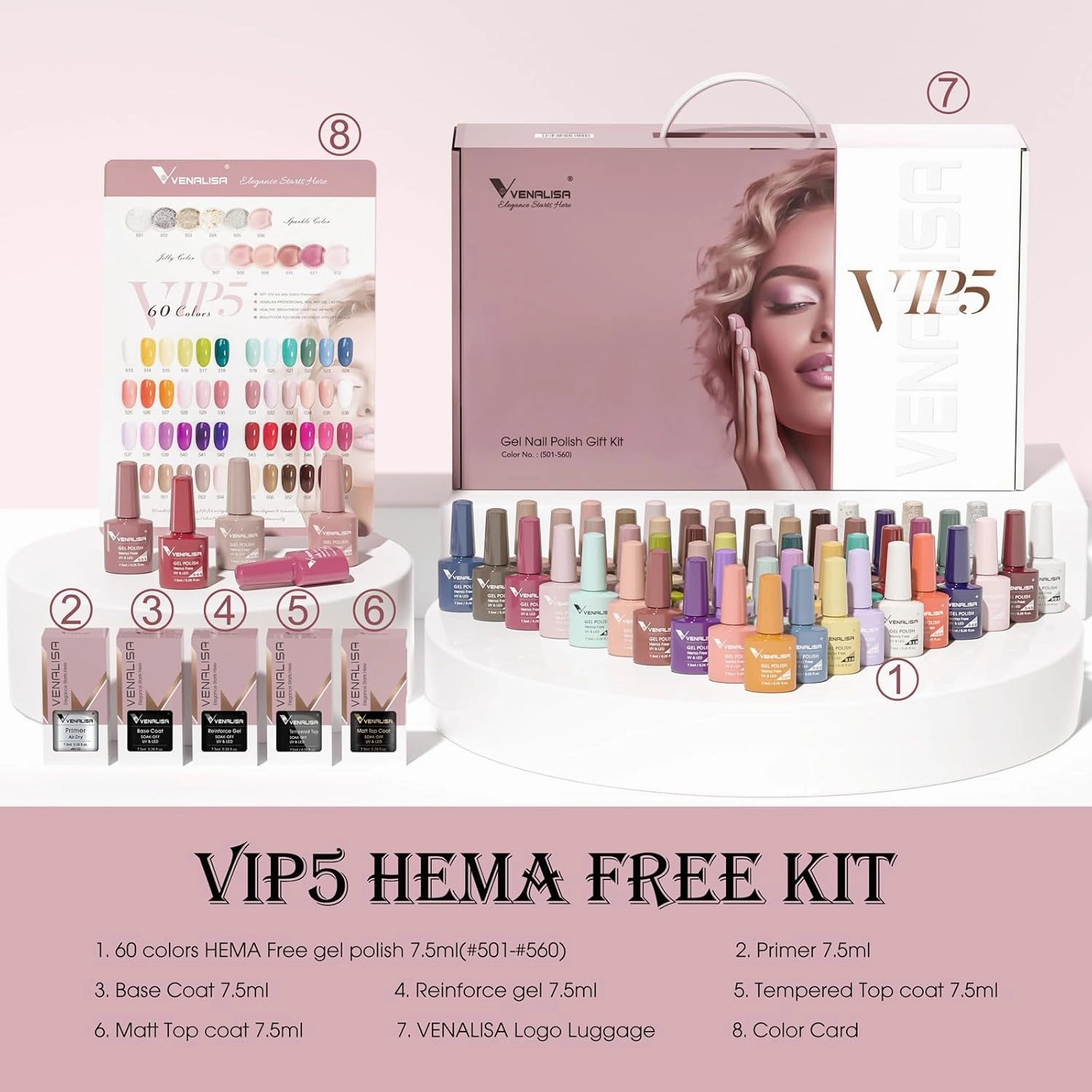 VENALISA VIP5 65PCS Gel Nail Polish Set, 60 Colors Glitter Jelly White Nude Pink Red Green Brown Gel Polish Kit with Base Top Coat Nails Manicure Salon at Home