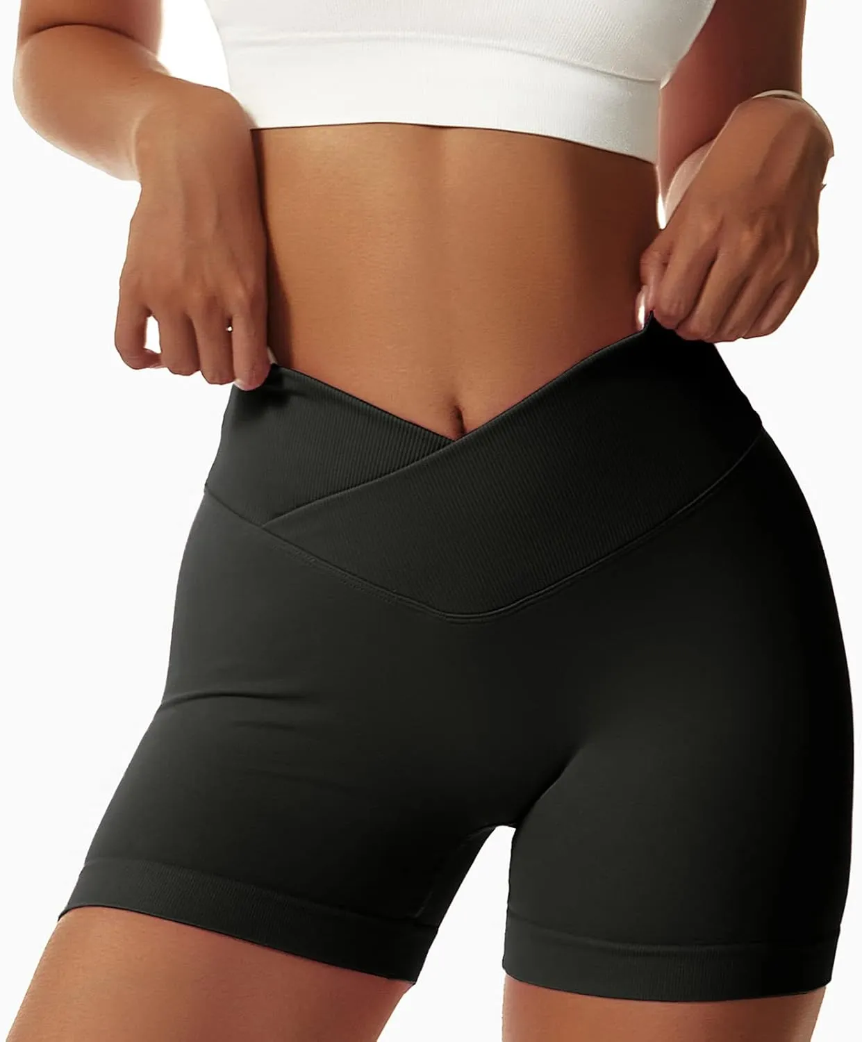 Vertvie 2 Pack Workout Gym Shorts for Women High Waisted Booty V Cross Biker Shorts Scrunch Butt Athletic Yoga Shorts