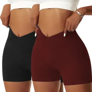 Vertvie 2 Pack Workout Gym Shorts for Women High Waisted Booty V Cross Biker Shorts Scrunch Butt Athletic Yoga Shorts