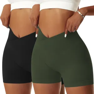 Vertvie 2 Pack Workout Gym Shorts for Women High Waisted Booty V Cross Biker Shorts Scrunch Butt Athletic Yoga Shorts