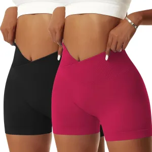 Vertvie 2 Pack Workout Gym Shorts for Women High Waisted Booty V Cross Biker Shorts Scrunch Butt Athletic Yoga Shorts