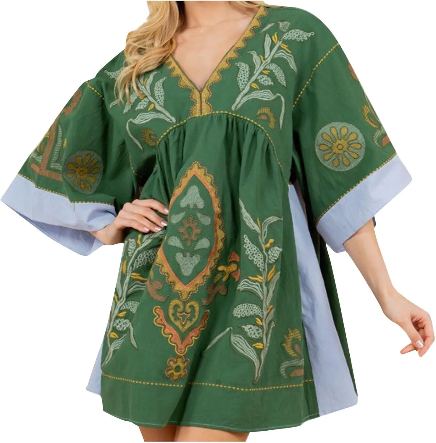 Vestidos Casuales para Mujer Womens Boho Mini Dress 2024 Fall 3/4 Sleeve V Neck Vintage Print Babydoll Dresses