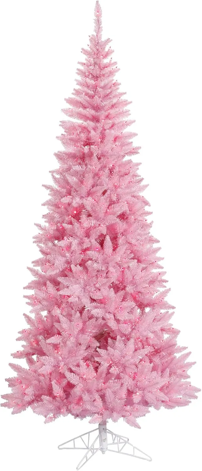 Vickerman 5.5' Pink Fir Slim Artificial Christmas Tree, Pink Dura-lit LED Lights - Faux Fir Christmas Tree - Seasonal Indoor Home Decor