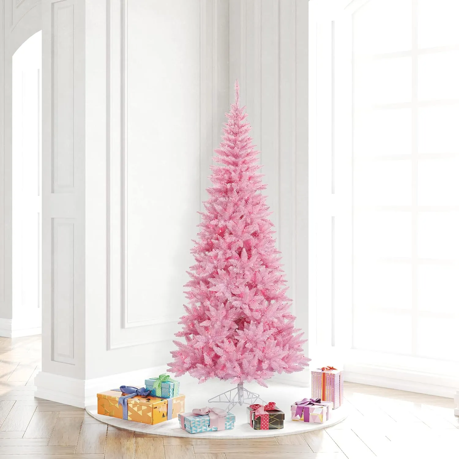 Vickerman 6.5' Pink Fir Slim Artificial Christmas Tree, Pink Dura-lit LED Lights - Faux Fir Christmas Tree - Seasonal Indoor Home Decor
