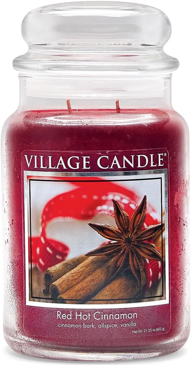 Village Candle Red Hot Cinnamon Large Glass Apothecary Jar Scented Candle, 21.25 oz, 21 Ounce
