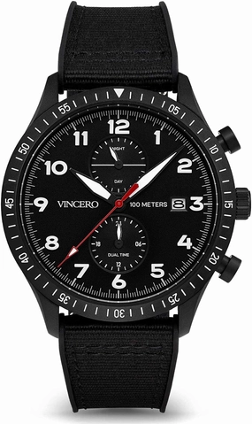 Vincero Luxury Wrist Watch for Men - Altitude Men's Watch with Cordura Nylon Band, Italian Men's Wrist Watch, 44mm Analog Watch with Japanese Quartz Movement (Matte Black/Red)
