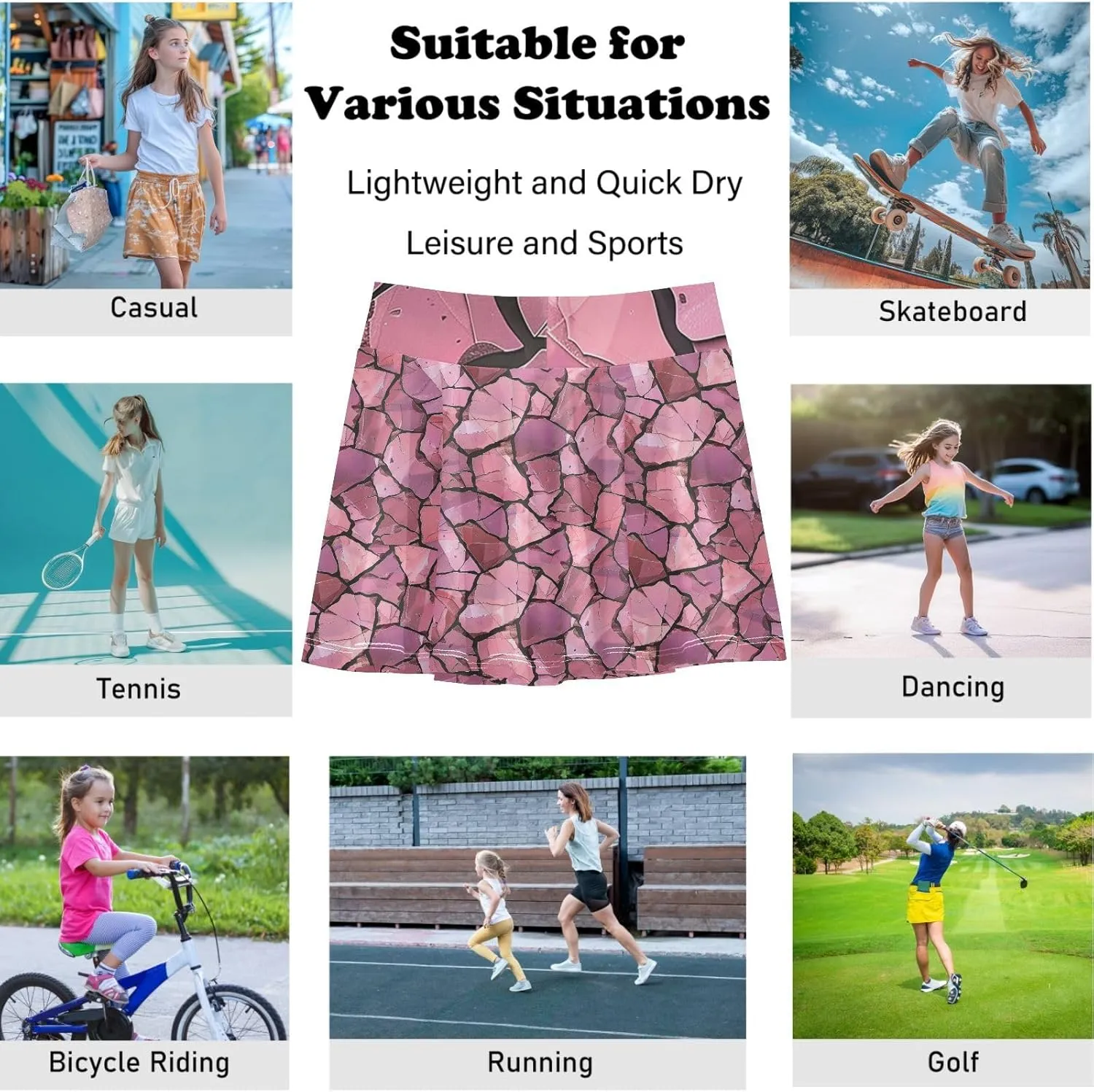 visesunny Girl's Golf Skirt Athletic Pink Stone Crack Tennis Skort Sport Activewear with Double Layer Pockets
