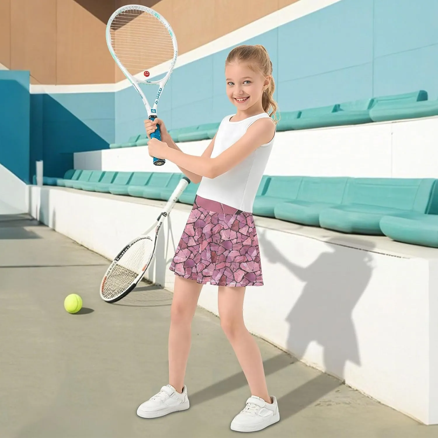 visesunny Girl's Golf Skirt Athletic Pink Stone Crack Tennis Skort Sport Activewear with Double Layer Pockets