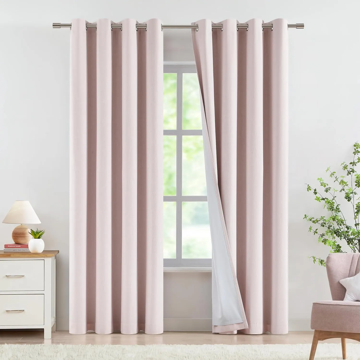 Vision Home Pink Linen Full Blackout Curtains Grommet Room Darkening Window Curtains 84 inches Long for Girls Bedroom Living Room Nursery Thermal Insulated Energy Efficient Drapes 2 Panels 58" Wx84 L