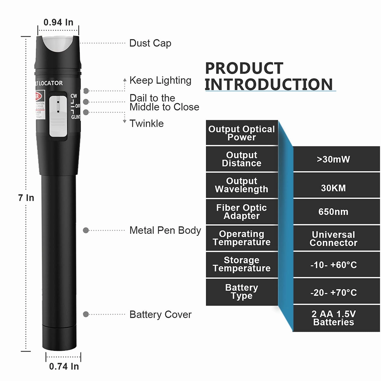 Visual Fault Locator   FC/LC Connector Kit 30mW 30KM, VFL Include Single Mode 9/125um FC Male to LC Female Adapter, Red Light Pen for Network Fiber Cable Test, Fiber Optic Source Tester Detector Meter