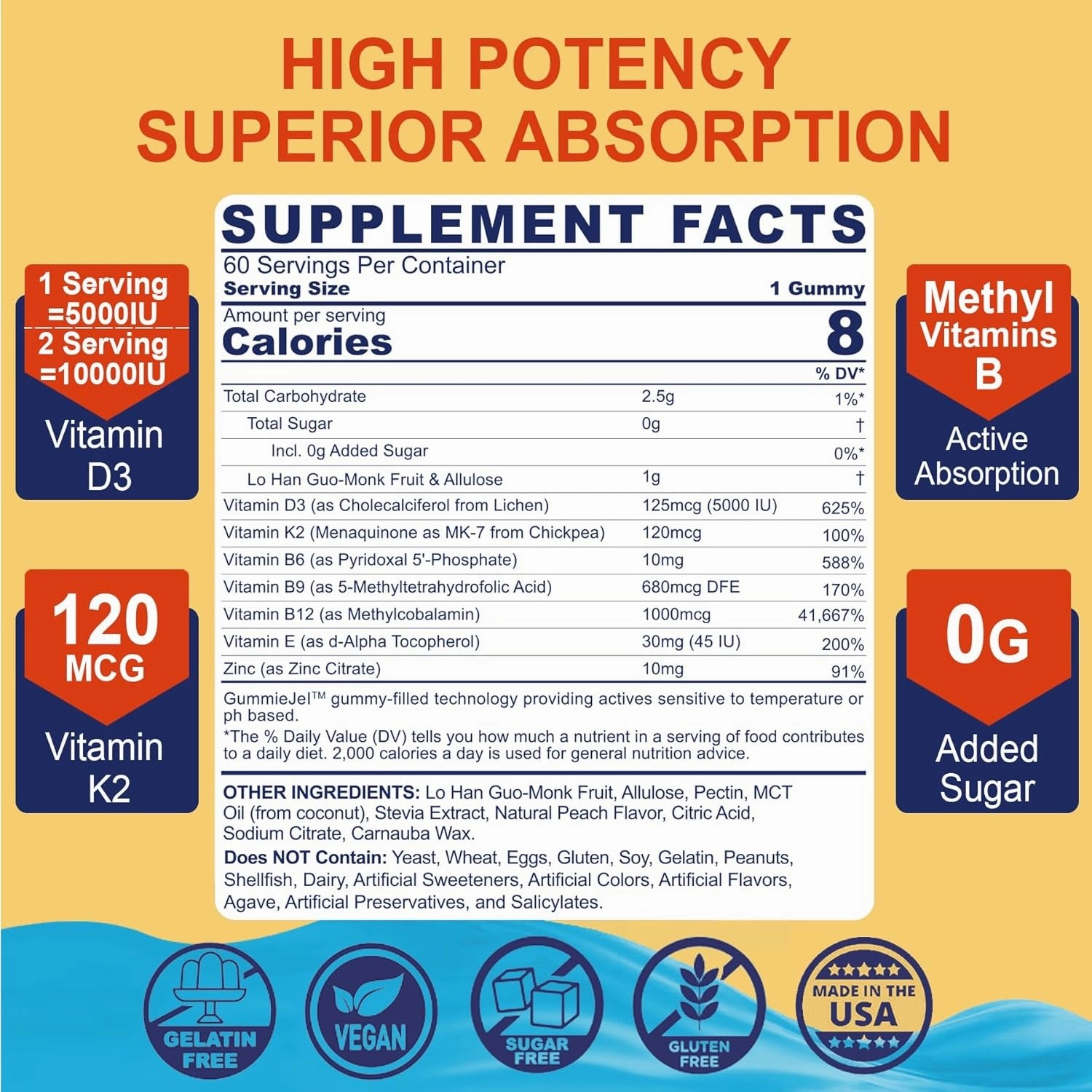 Vitamin D3 5000IU   K2 (MK-7) 120mcg, Sugar-Free Vitamin D3 K2 Filled Gummies with Vitamin B Complex - Methyl B12, B9, B6 | Vitamin E & Zinc, MCT Oil - Supports Bone & Teeth Strength, Immune, 1PACK