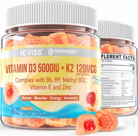 Vitamin D3 5000IU   K2 (MK-7) 120mcg, Sugar-Free Vitamin D3 K2 Filled Gummies with Vitamin B Complex - Methyl B12, B9, B6 | Vitamin E & Zinc, MCT Oil - Supports Bone & Teeth Strength, Immune, 1PACK