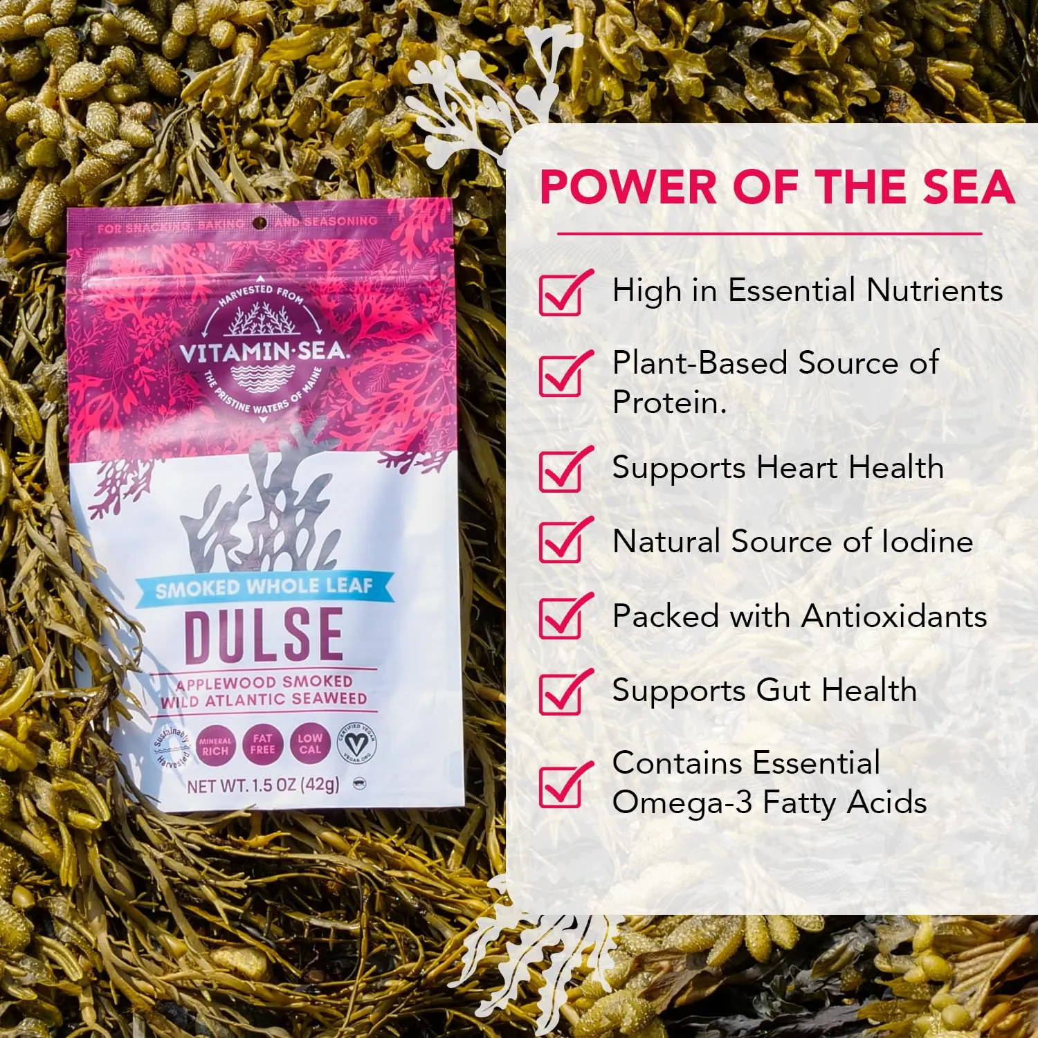 VITAMINSEA Applewood Smoked Dulse | Wild North Atlantic Dried Seaweed for Snacking, Seasoning, Soups & Salads | Rich in Vitamins, Minerals & Antioxidants Good for Thyroid Support | Whole Leaf (1.5 OZ)