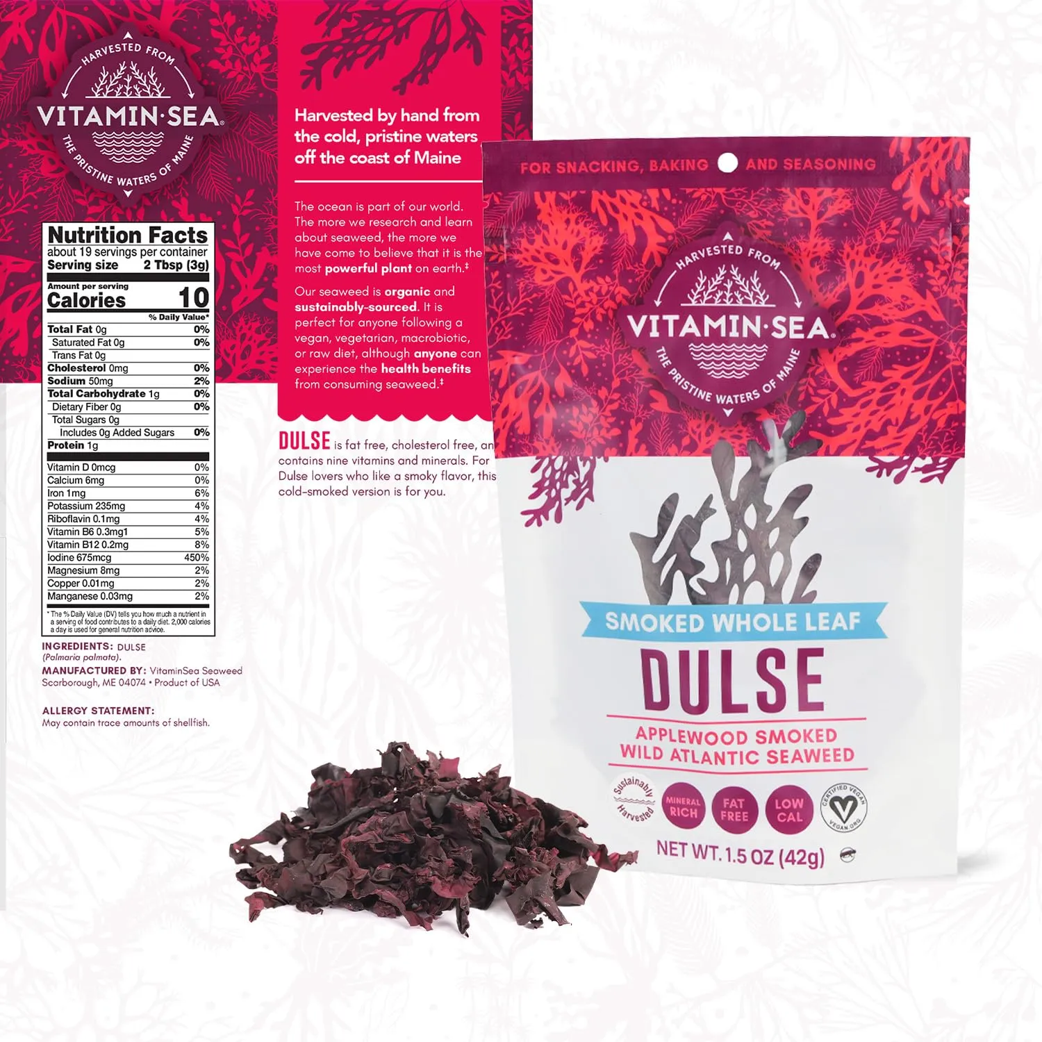 VITAMINSEA Applewood Smoked Dulse | Wild North Atlantic Dried Seaweed for Snacking, Seasoning, Soups & Salads | Rich in Vitamins, Minerals & Antioxidants Good for Thyroid Support | Whole Leaf (1.5 OZ)