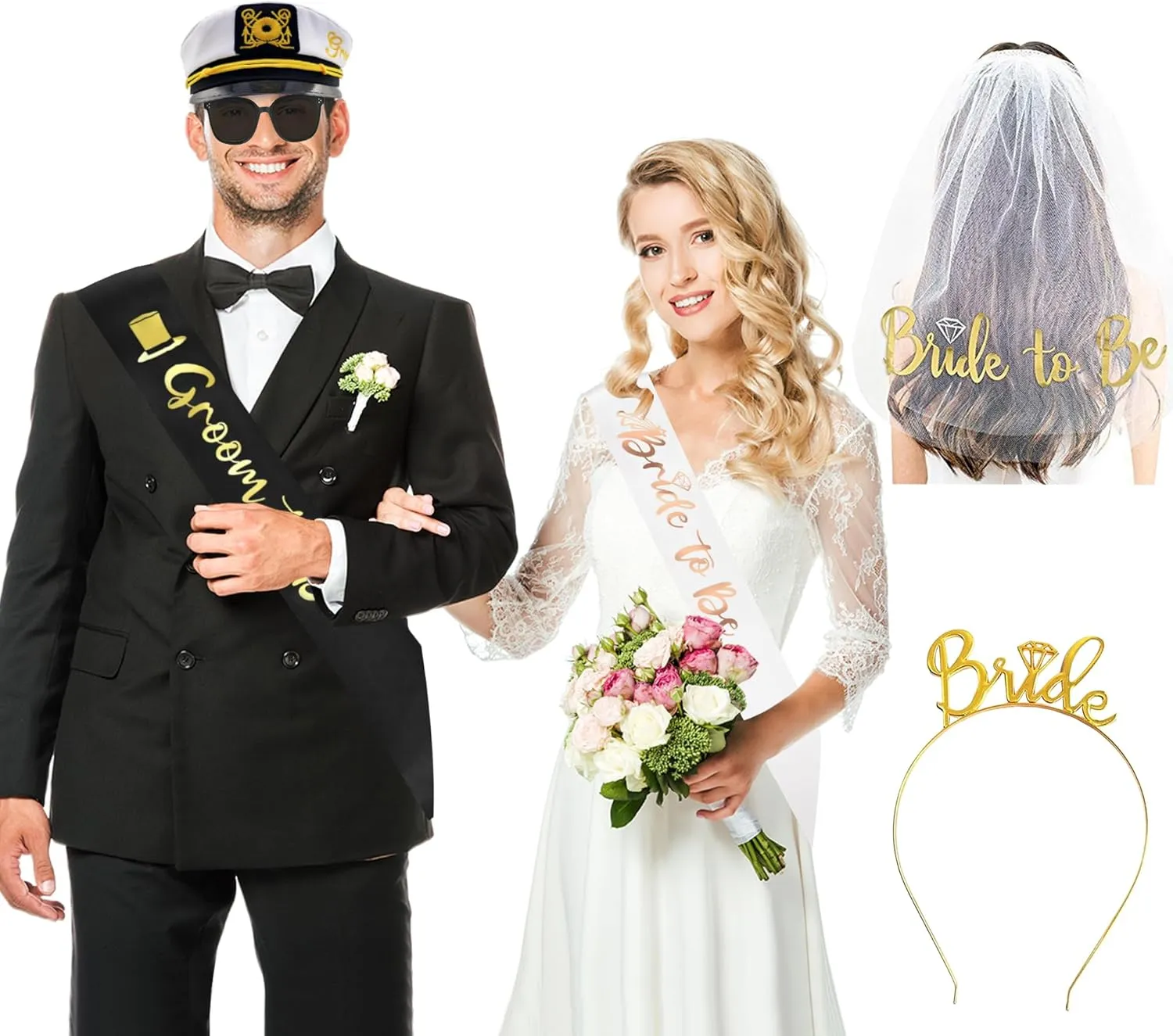 Vlipoeasn 7PCS Bachelorette Party Set, Bride and Groom Sash Bridal Shower Party Decorations, Funny Bachelor Gold Glitter Banner, Bride Head Veil, Groom Set Include Groom Captain Hat Groom Sunglasses