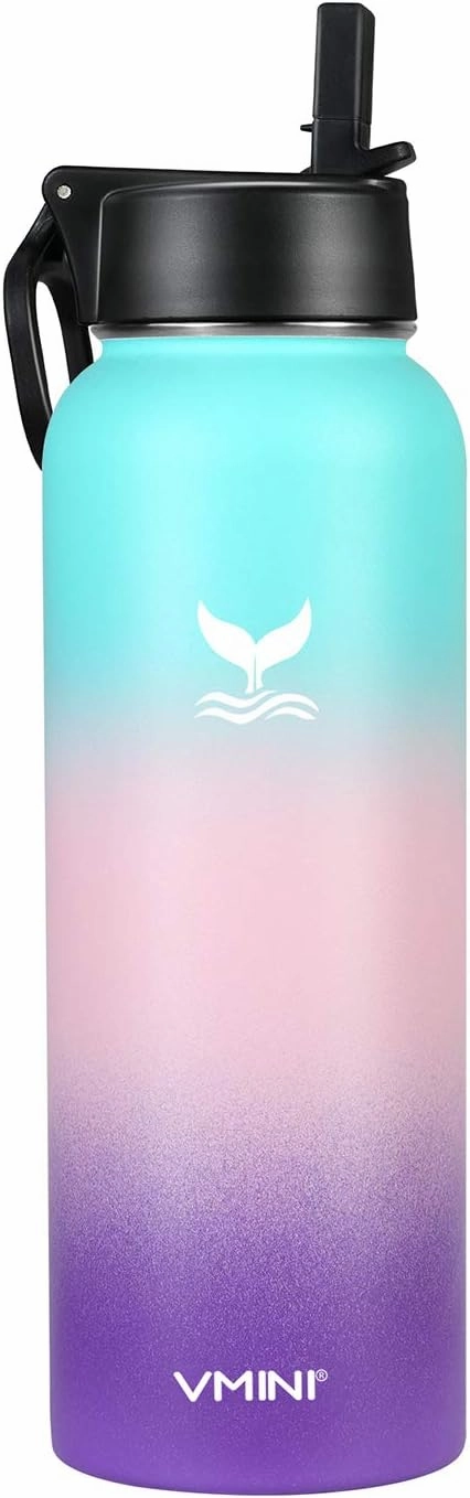 Vmini Water Bottle with Straw, Wide Rotating Handle Straw Lid, Wide Mouth Double Walled Vacuum Insulated Stainless Steel Water Bottle, Gradient Mint Pink Purple, 40 oz