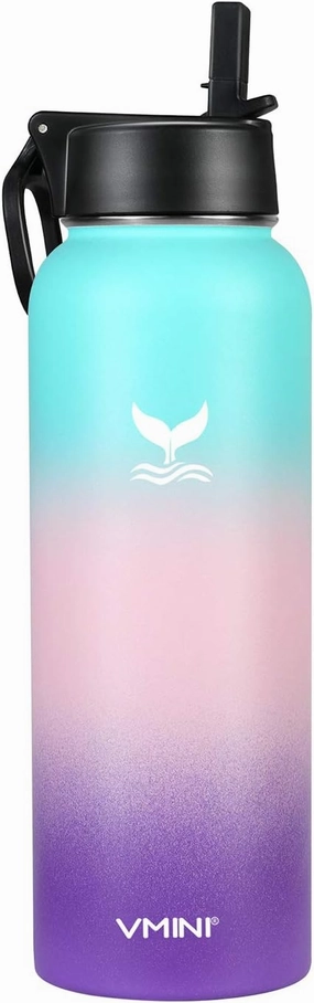 Vmini Water Bottle with Straw, Wide Rotating Handle Straw Lid, Wide Mouth Double Walled Vacuum Insulated Stainless Steel Water Bottle, Gradient Mint Pink Purple, 40 oz