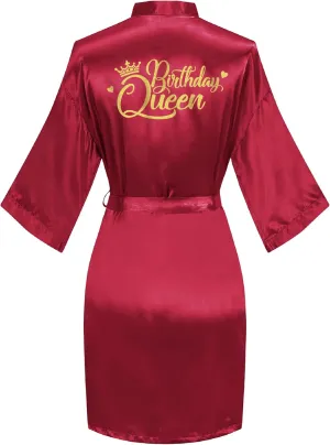 VOGUEMAX Women's Birthday Party Robe Queen Squad Silky Gold Glitter Kimono Robe Bathrobe