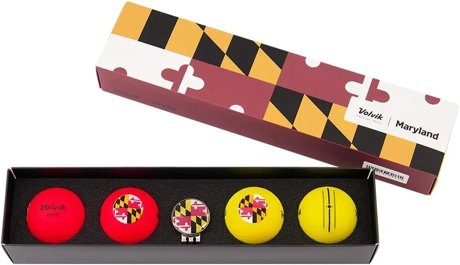 Volvik State Maryland Pack - 4 Vivid Balls Pack (2 Yellow & 2 Red) with a Clip Ball Marker.