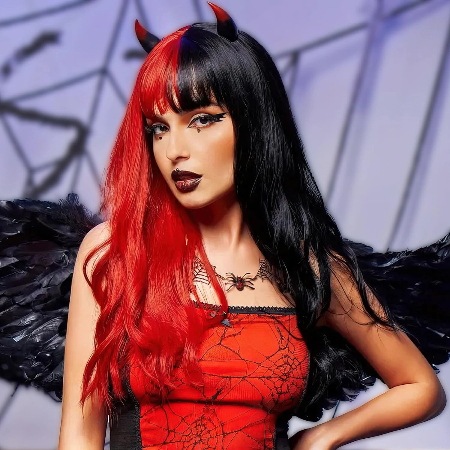 Vomella Black and Red Wig With Bangs 26 Inch Long Curly Wavy Wig for Women Natural Looking Synthetic Heat Resistant Wig for Daily Party Use