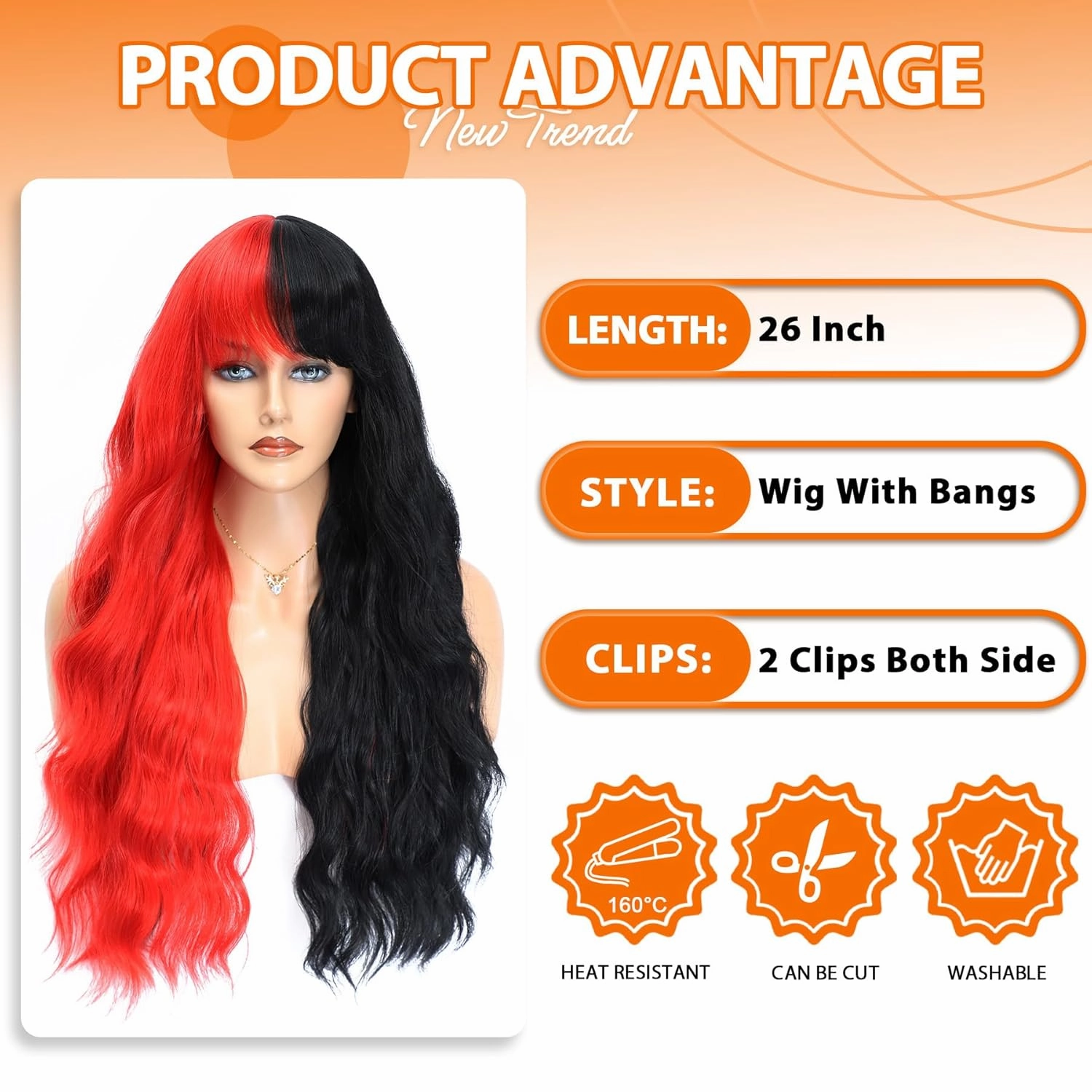 Vomella Black and Red Wig With Bangs 26 Inch Long Curly Wavy Wig for Women Natural Looking Synthetic Heat Resistant Wig for Daily Party Use