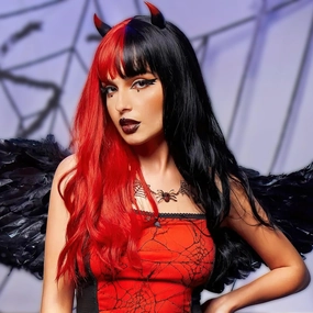Vomella Black and Red Wig With Bangs 26 Inch Long Curly Wavy Wig for Women Natural Looking Synthetic Heat Resistant Wig for Daily Party Use