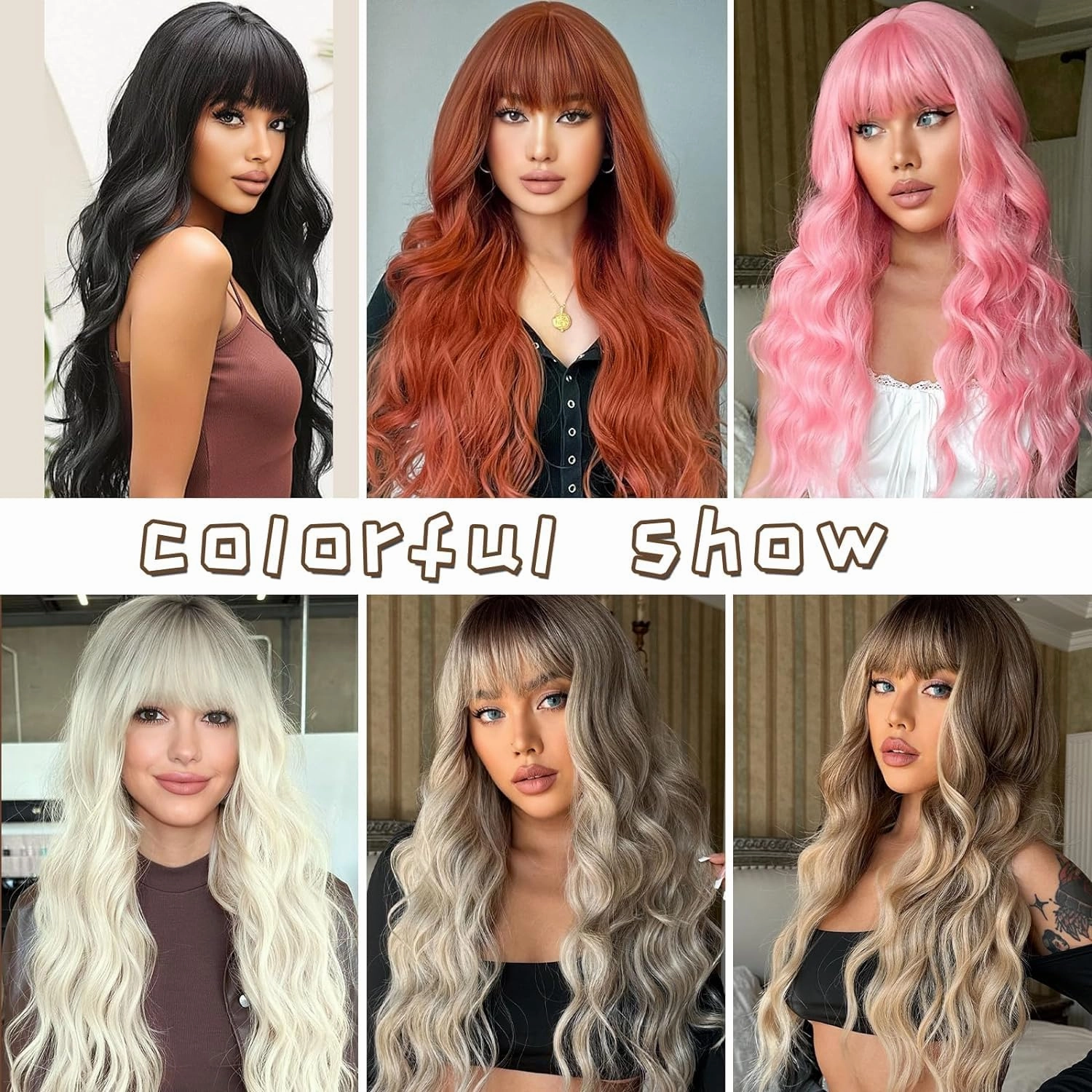 Vomella Black and Red Wig With Bangs 26 Inch Long Curly Wavy Wig for Women Natural Looking Synthetic Heat Resistant Wig for Daily Party Use