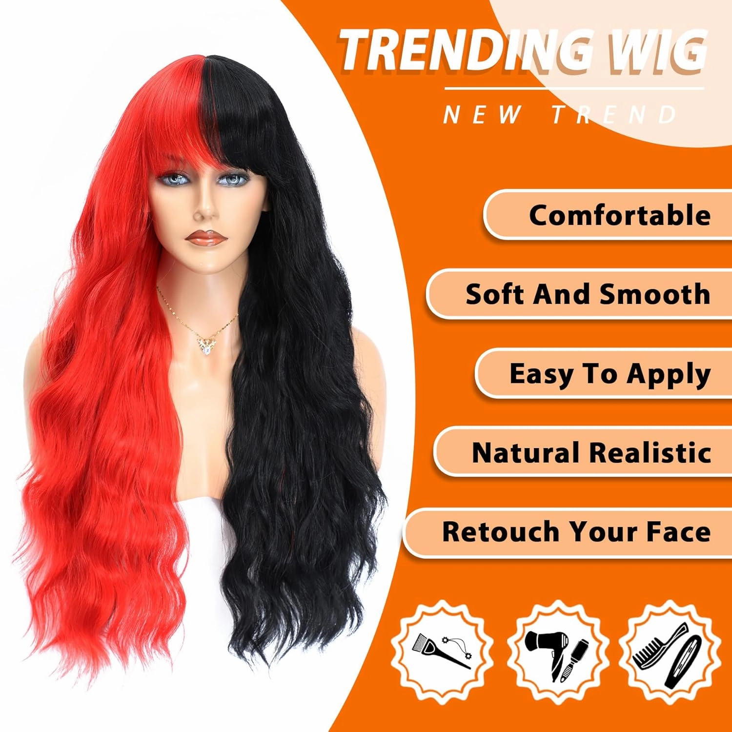 Vomella Black and Red Wig With Bangs 26 Inch Long Curly Wavy Wig for Women Natural Looking Synthetic Heat Resistant Wig for Daily Party Use
